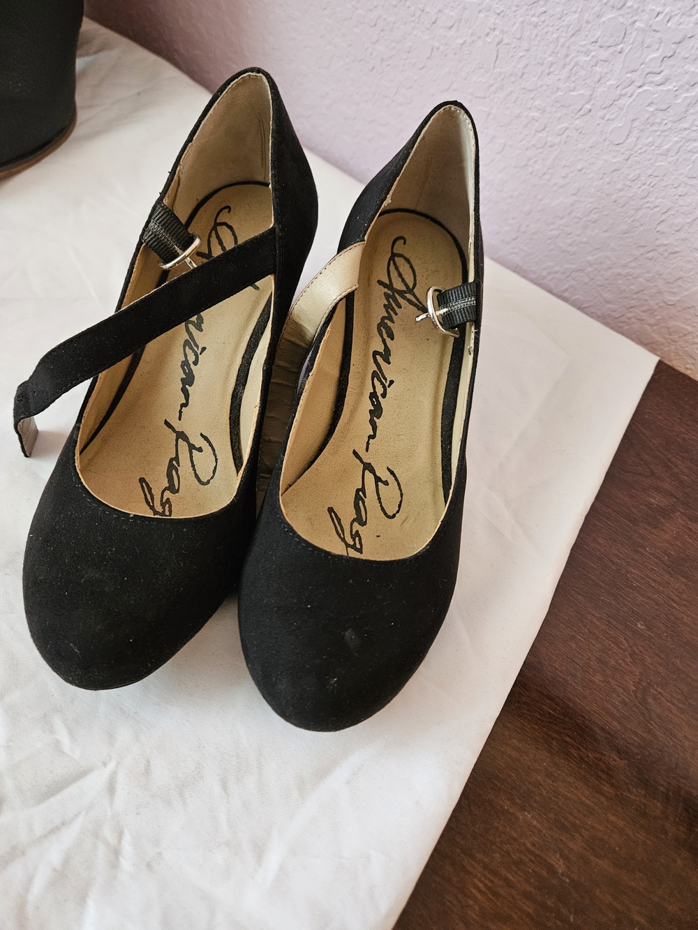 American Rag Black Suede Cross-Strap Heels